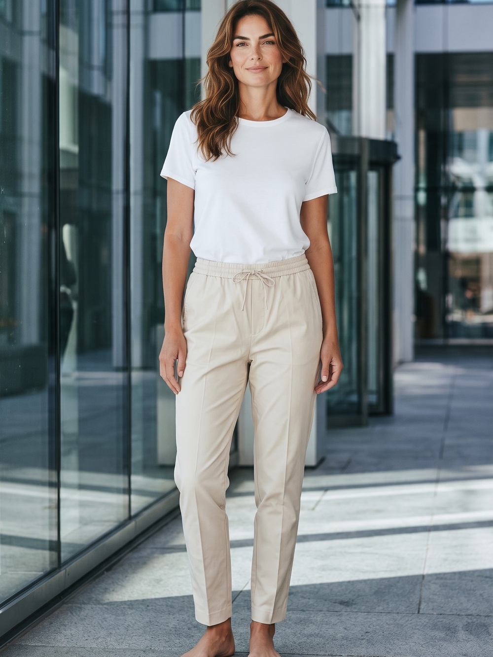 Cream Faux Leather Drawstring Tapered Pants - women